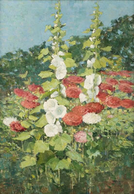 George Wood : Still life with white hollyhocks and dark pink carnations