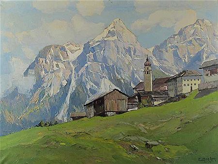 Emil Brehm : 'Lermoos in Tirol'. Blick auf das malerische Kirchdorf vor Gebirgshintergrund an einem sonnigen Frühlingstag