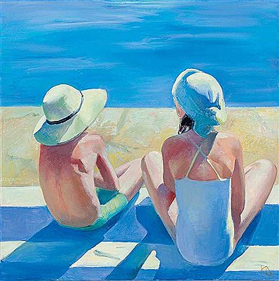 Katya Dronova : 'Dreamer in the midday sun'. Two children sitting on a blue and white checkered blanket on the water