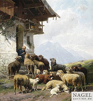 Christian Friedrich Mali : A shepherd with his flock at a house entrance