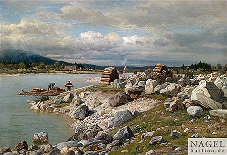 Wilhelm Kuhling : Extensive river landscape with raftsmen unloading.