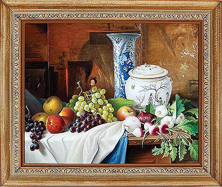 Emmitt Thames : 'Still Life of Fruit and Vegetables with Chinese Porcelain'