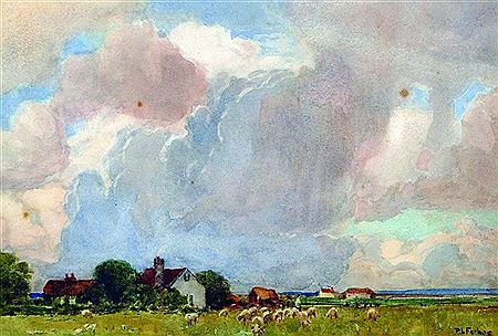 Patrick Lewis Forbes : A Landscape with Cottages, and Sheep Grazing in the foreground