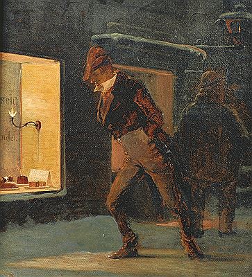 Conrad Oscar Carlson : An Evening Street Scene, with Figures by a Shop Window