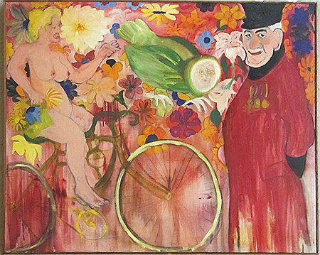 Stan Fullerton : Naked bicycle ride, featuring a woman riding a bike on the left, an owl in the center, and a man standing on the right.