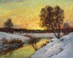 Ernst Miesler : Winterlandschaft mit Rehen an Flussufer, intensives Abendrot