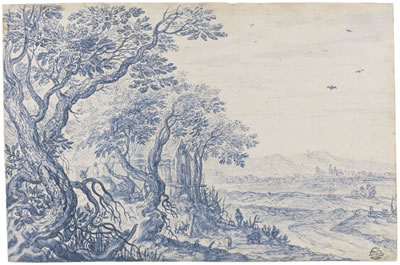 Isaac Major : FIGURES IN A WOODED LANDSCAPE, A VILLAGE IN THE DISTANCE