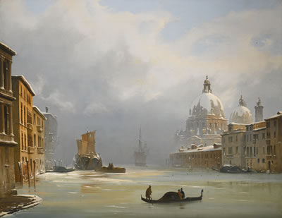 Ippolito Caffi : VENICE, A VIEW OF THE CITY UNDER SNOW WITH THE CHURCH OF THE SALUTE