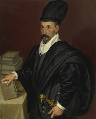 Bartolomeo Passarotti : PORTRAIT OF LOPE VARONA DI VILLANAHUE OF BURGOS, HALF LENGTH WITH A BOOK IN HIS RIGHT HAND