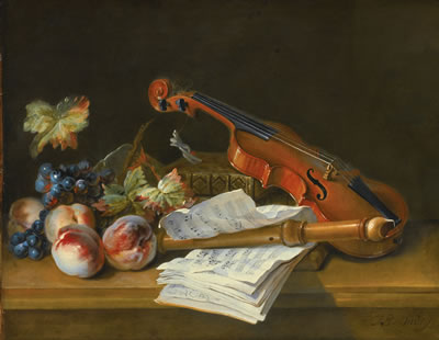 Jean-Baptiste Oudry : STILL LIFE WITH A VIOLIN, A RECORDER, BOOKS, A PORTFOLIO OF SHEET OF MUSIC, PEACHES AND GRAPES ON A TABLE TOP