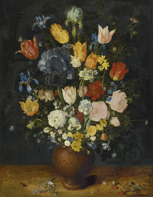 Jan (the Elder) Brueghel : STILL LIFE OF FLOWERS IN A STONEWARE VASE