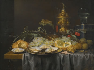 Joris Van Son : A 'PRONK' STILL LIFE OF GRAPES, CHERRIES, WALNUTS AND A PEELED LEMON, WITH OYSTERS ON A PEWTER PLATE, AND A GLASS ROEMER, WINE GLASS AND GILT GOBLET, ALL ON A DRAPED TABLE