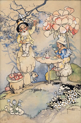 Peg Maltby : A toast to cherries and wine. Likely a drawing for 'Peg's Fairy Book'