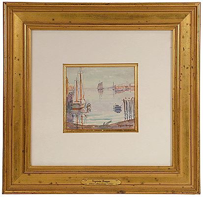 Virginia Helena Gruppe : Harbor Scene with Schooner, Yaght and Skiffs