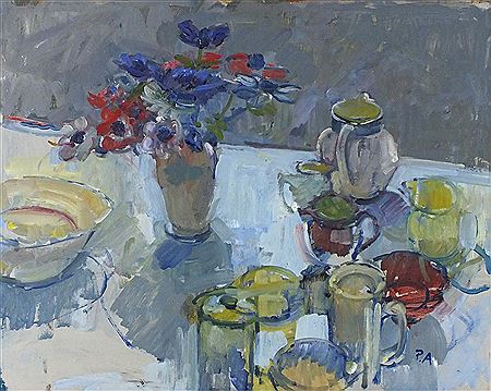 Pat Patricia Algar : Still life – kitchen table assortment with anemones