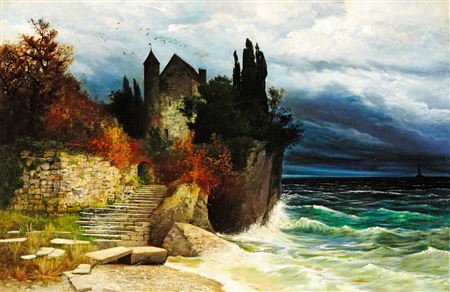 Jakob Lorenz Rudisuhli : Aufziehendes Gewitter - Burg am Seeufer