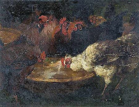 Hubert Von Heyden : Breakfast - chickens eating from a bowl