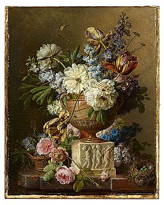 Gerard Van Spaendonck : Peony, tulips and roses in an alabaster vase