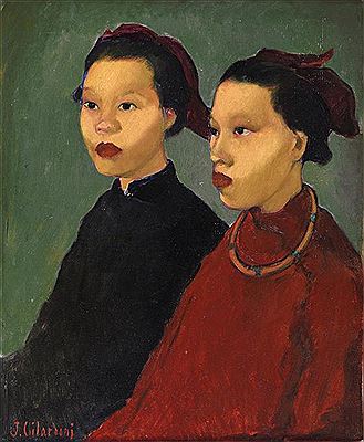 Joseph Gilardoni : Double portrait de femmes en Ao daï et coiffures traditionnelles