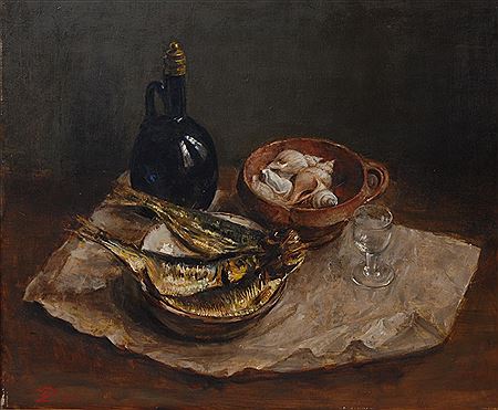 Victor Dolphyn : Still Life, Fish, Shell and Claret Jug