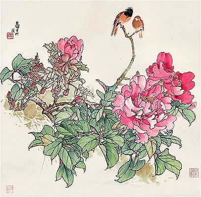 Yong Tian : PEONIES AND BIRDS