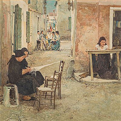 Wilhelm Thelen : Street scene with lace makers and artisan women