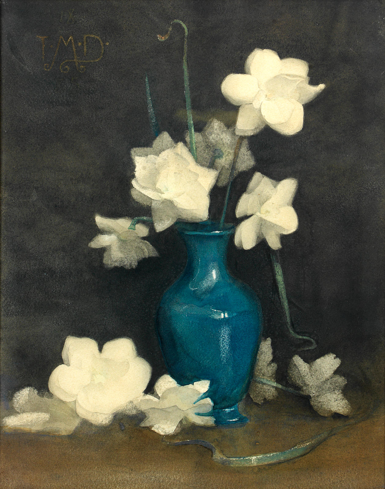 Thomas Millie Dow : Still Life of White Roses in a Blue Vase