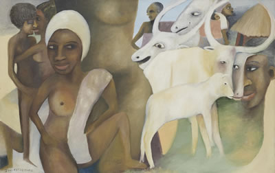 Jak Moses Katarikawe : Village scene with women and cattle