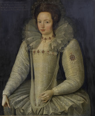 Marcus Gheeraerts the Younger : Portrait of Ellen Maurice, three-quarter-length, in a white lace ruff and white dress embellished with pearls