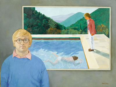 Charles Bragg : Portrait of an Artist standing with 'Portrait of an Artist (Two Nudes)' (David Hockney with his seminal painting)