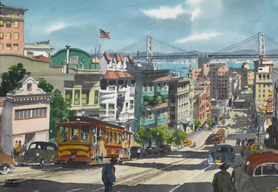 James March Phillips : The Bay Bridge from California Street and The Golden Gate Bridge from Coit Tower (a pair)