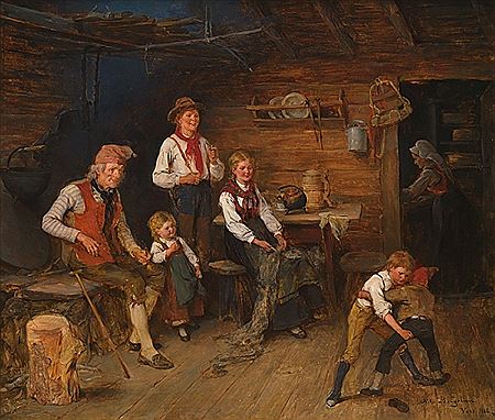 Nils Bergslien : Interiør fra almuestue, 1881