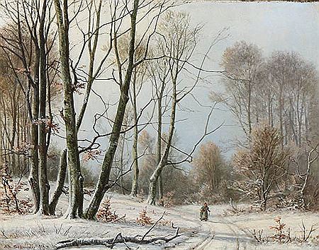 Alexander Schmidt : An old woman passes through a snowy landscape