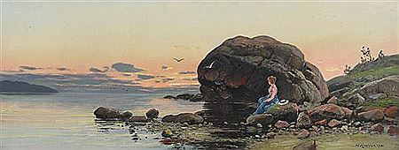 Halvor Halvorsen : A Norwegian coastal scene with a woman overlooking the sea.