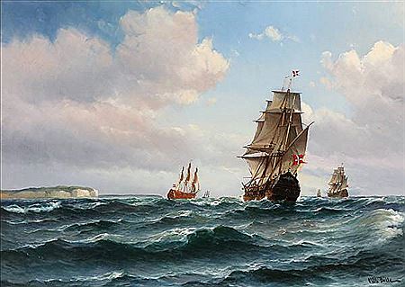 Vilhelm Victor Bille : “Gamle Orlogsmænd Krydser udfor Stevns”. Old warships crossing outside Stevns, Denmark.