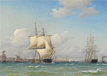 Niels Carl Michaelius Flint Dahl : “Briggen 'Canopus' og Corvetten 'Najaden', samt andre skibe på Helsingørs Rhed'.