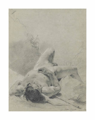 Giovanni Battista Piazzetta : A nude youth sprawled on his back, upon a bank, lying on a standard