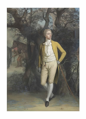 Hugh Douglas Hamilton : Portrait of a gentleman, traditionally identified as Arthur Hill, 2nd Marquess of Downshire (1753-1801), small full-length, in a yellow frock coat and breeches, his left arm resting on his cane, a coach and four beyond, in a classical landscape