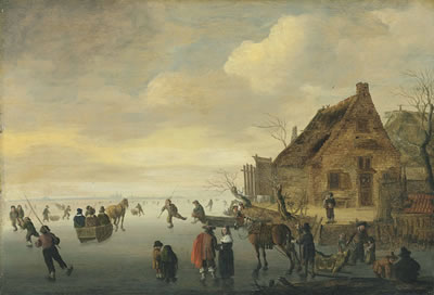 Cornelis Beelt : A winter landscape with horse-drawn sledges and figures skating on a frozen lake by a rural village