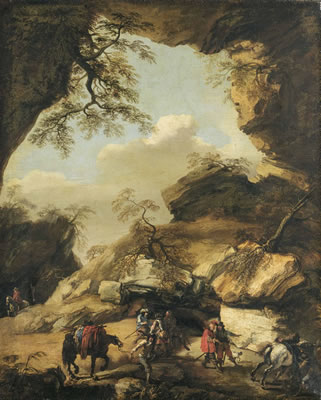 Pandolfo Reschi : A rocky landscape with soldiers