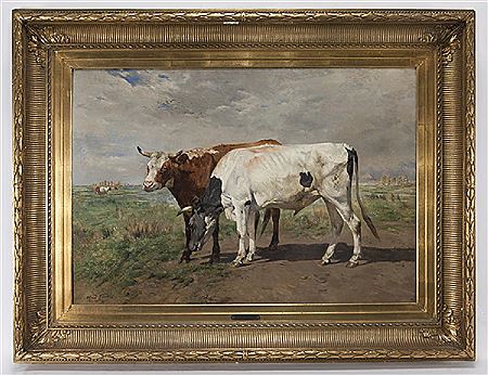 Alfred Jacques Verwee : Untitled (Brown and white cows)