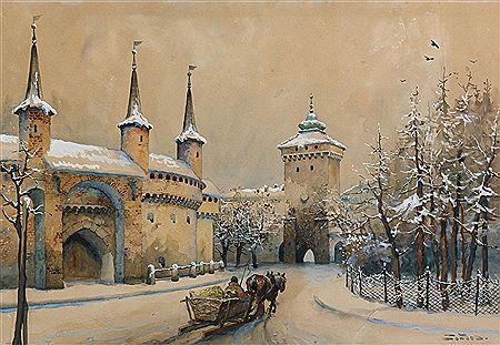 Stanislaw Tondos : Sleigh in Front of Krakow Barbican