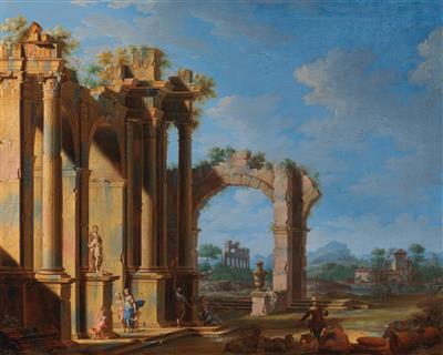 Gennaro Greco : A pair of antique architectural capriccios with numerous figures