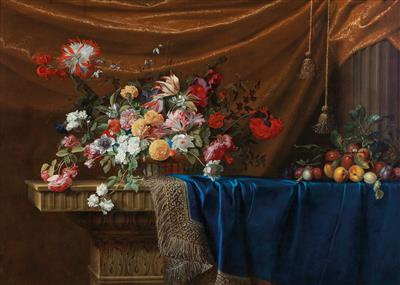 Jean Michel Picart : A still life of a basket of flowers and a mound of fruit on a sculpted stone table, partly covered with a blue velvet, gold-and-silver fringed cloth with drapery and a stone column in the background,