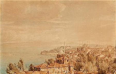 Joseph Fricero : A view of Istanbul: Bosporus, Hagia Sophia and Sultan Ahmed Mosque