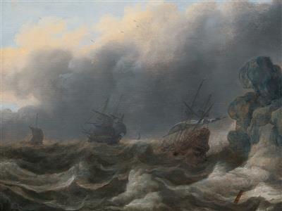 Cornelis Leonardsz Stooter : Ships in a stormy sea near a cliff