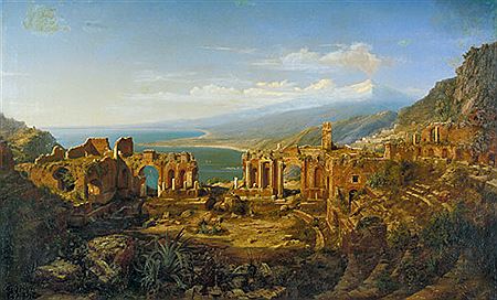 Carl Friedrich Seiffert : Blick über die Ruinen des Amphitheaters von Taormina auf Sizilien auf den Ätna