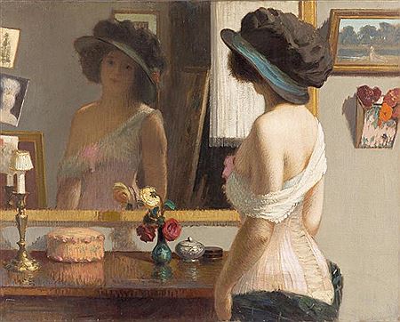 Gustave Poetzsch : Jeune fille en guépière au miroir