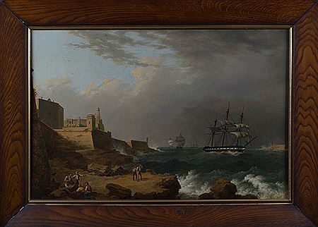 Joseph (Giuseppe) Schranz : A NAVAL FRIGATE ENTERING VALLETTA HARBOUR, WITH FIGURES ON THE FORE-SHORE