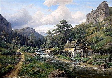 Johannes Gluckert : Wildbach mit Mühle und Wanderer